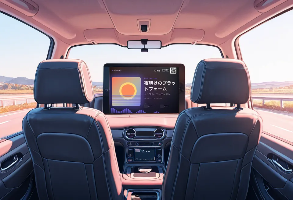後部座席から見た車内。前の座席の間に取り付けたタブレットに Mimi-nary の曲の表示