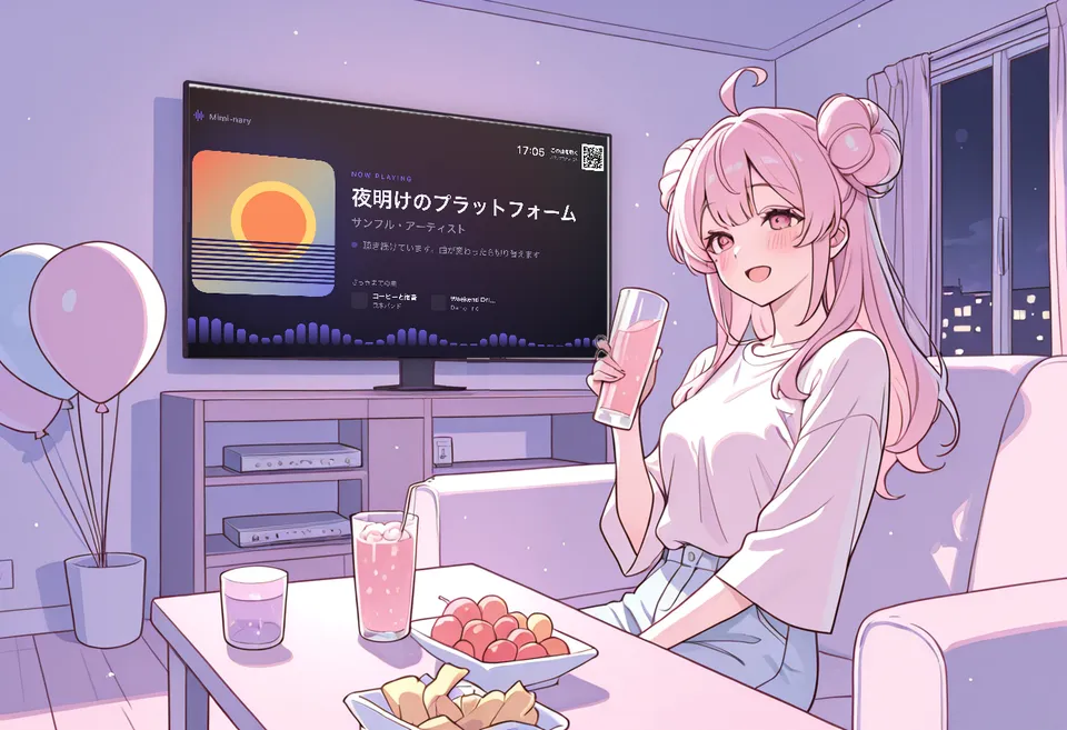 ホームパーティーのイラスト。グラスを持つ星守りんかと、テレビに映した Mimi-nary