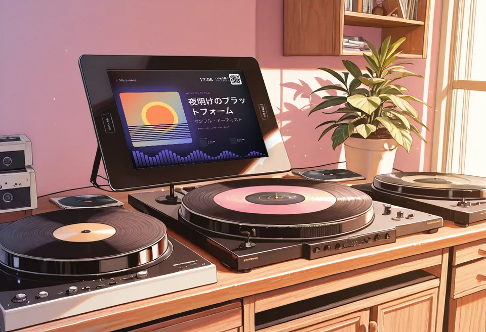 レコードプレーヤーの横に立てたタブレットに Mimi-nary の曲の表示