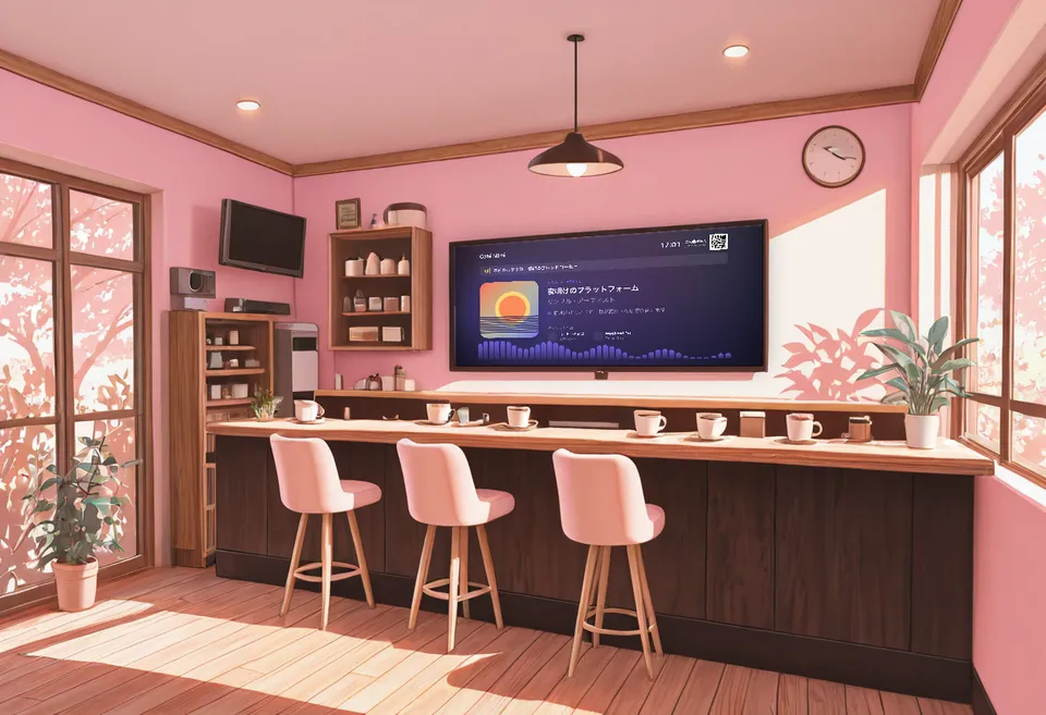 カフェの壁のテレビに Mimi-nary を映したイラスト。店名、時計、お知らせ、ジャケットと曲名