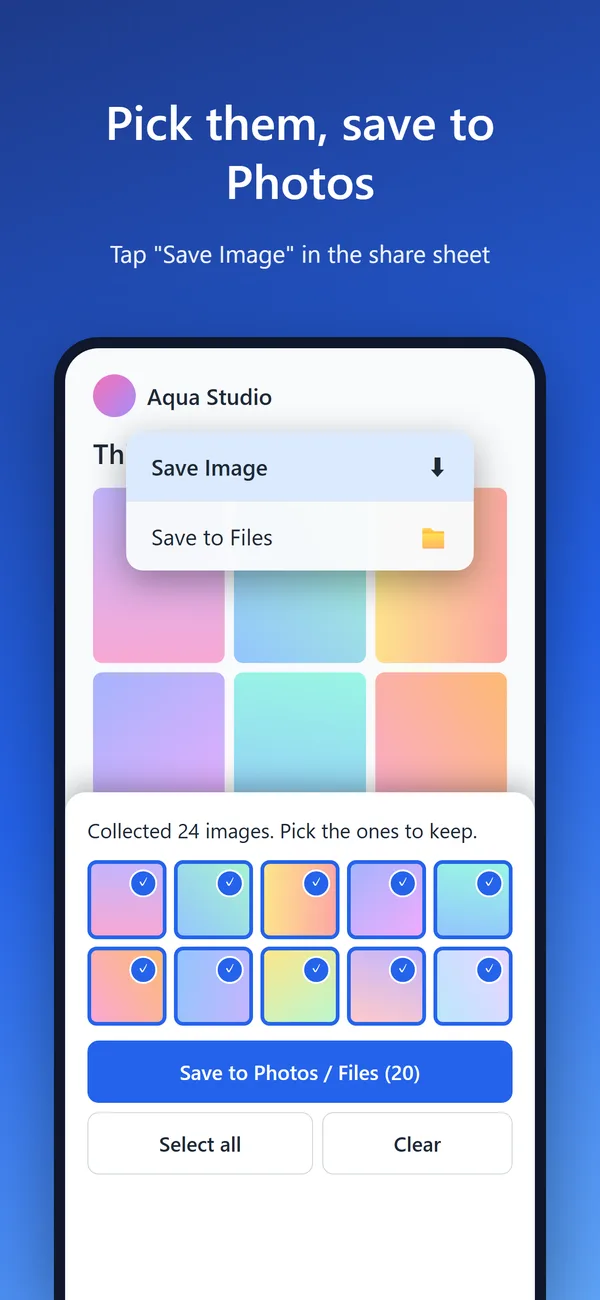 Choosing collected images and saving them to Photos